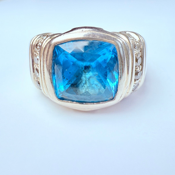 Scott Kay Jewelry - Scott Kay 4 CT London Blue Topaz Diamond Basket Weave Sterling Silver 925 Ring
